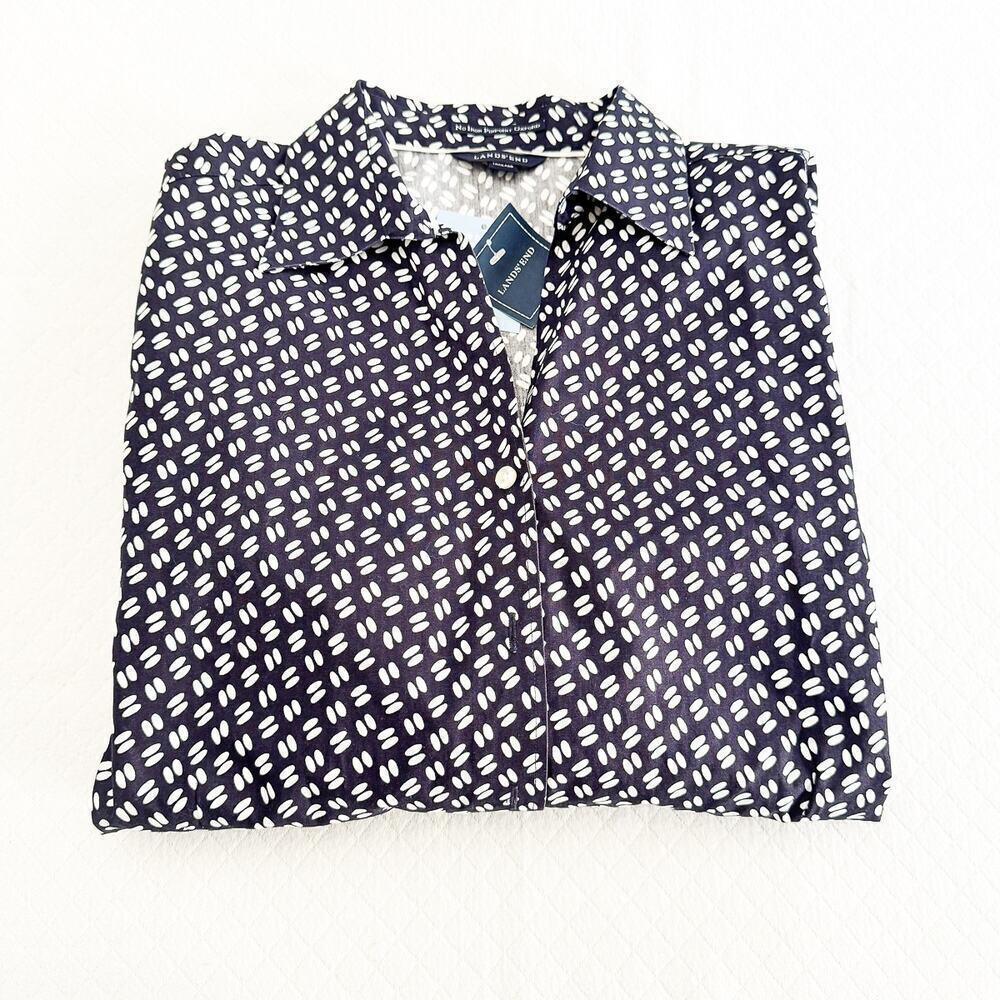 Land's End No Iron Pinpoint Oxford True Navy Print Long Sleeve Shirt Size 20 NWT
